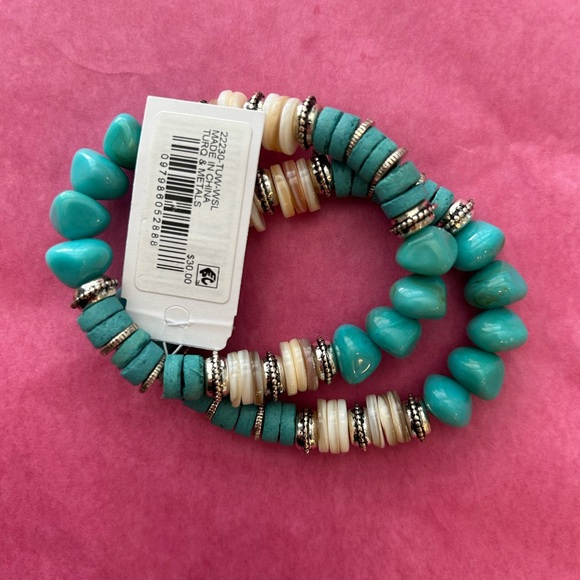 turquoise beige silver tone beaded stretch bracelet set of 2 - Picture 2 of 2